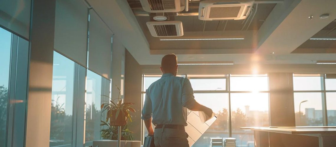 a modern, brightly lit office space showcases a technician expertly cleaning air ducts, highlighting the importance of maintaining indoor air quality for health and comfort in houston homes.