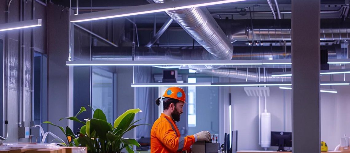 a modern office interior showcases a technician engaging in meticulous air duct cleaning, illuminated by bright overhead lights that highlight the intricate hvac system, emphasizing the efficiency and professionalism of the service.
