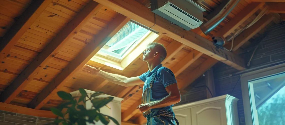 a modern, well-lit home interior showcases an hvac technician inspecting a clean air duct system, emphasizing the importance of routine maintenance for indoor air quality and comfort.
