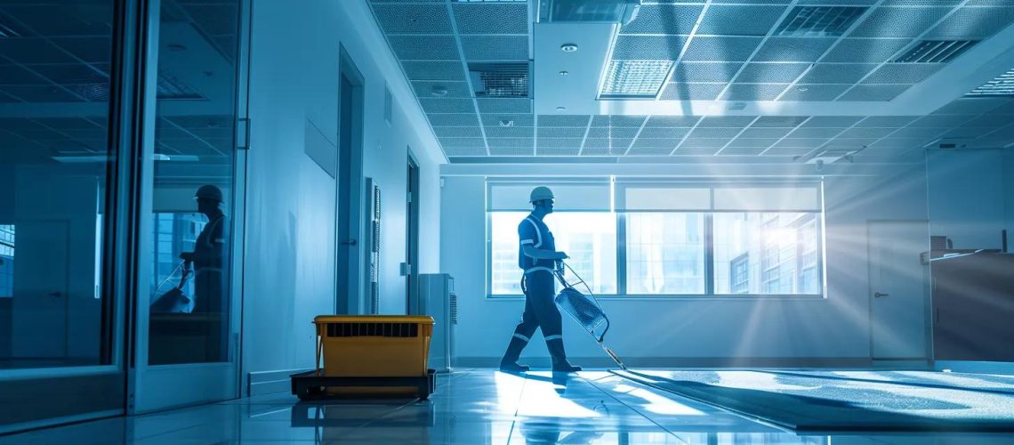 a pristine, modern office environment showcasing a technician expertly cleaning air ducts, with clean lines and vibrant colors emphasizing the importance of indoor air quality in houston.