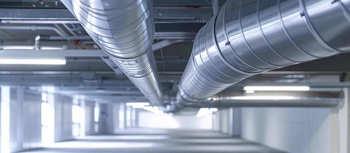 a professional technician inspects a modern, gleaming hvac duct system in a pristine, well-lit commercial office space, showcasing the importance of thorough duct cleaning for optimal air quality.