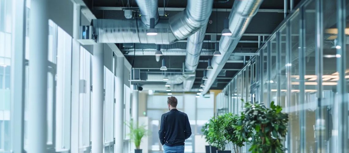a sleek, modern office environment showcases a technician expertly inspecting a gleaming, newly cleaned air duct system, highlighting the transformative impact of maintaining indoor air quality.