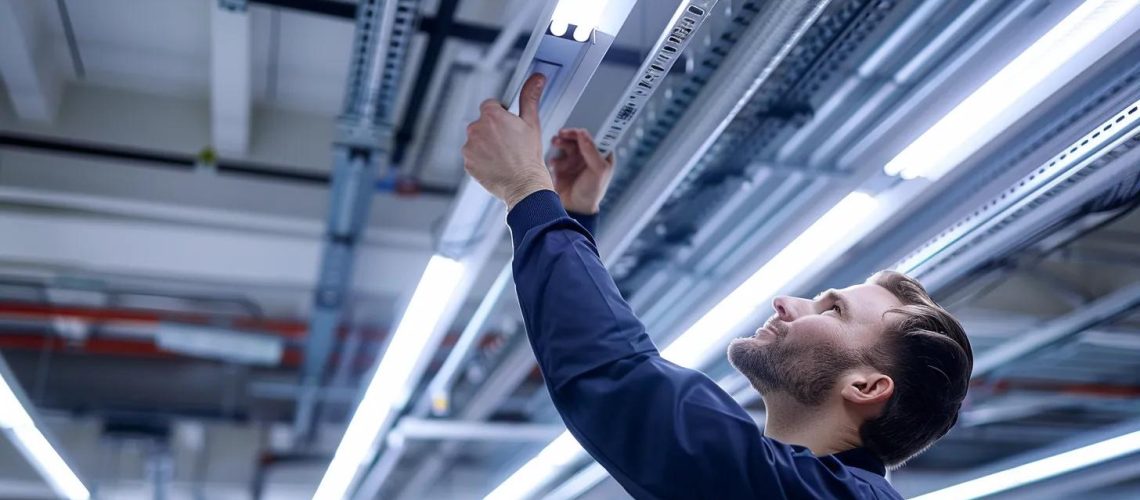a sleek, modern office interior showcases a local air duct professional inspecting a high-efficiency ventilation system, illuminated by bright, overhead fluorescent lights that highlight the intricate components and emphasize the importance of professional maintenance.