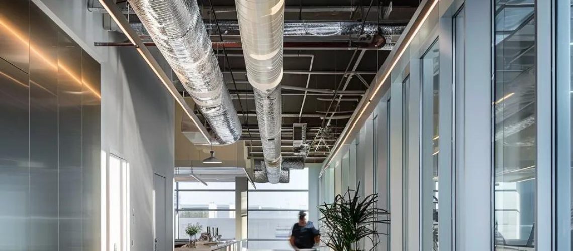 a sleek, modern office space showcases a technician expertly using advanced cleaning equipment on a large, exposed air duct, emphasizing the importance of dust reduction for a healthier indoor environment.