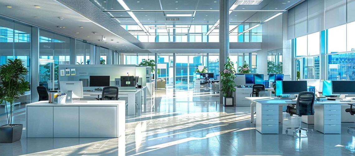 a modern, gleaming office space with pristine surfaces and organized workstations emphasizes the efficiency and professionalism of a high-quality cleaning service.
