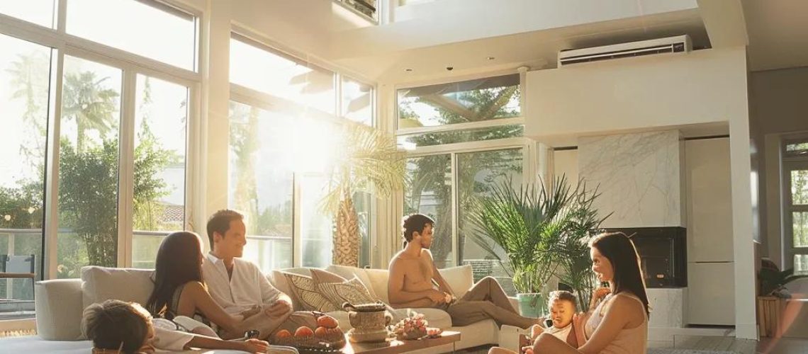 Houston family enjoying clean indoor air in a modern living room with visible air ducts