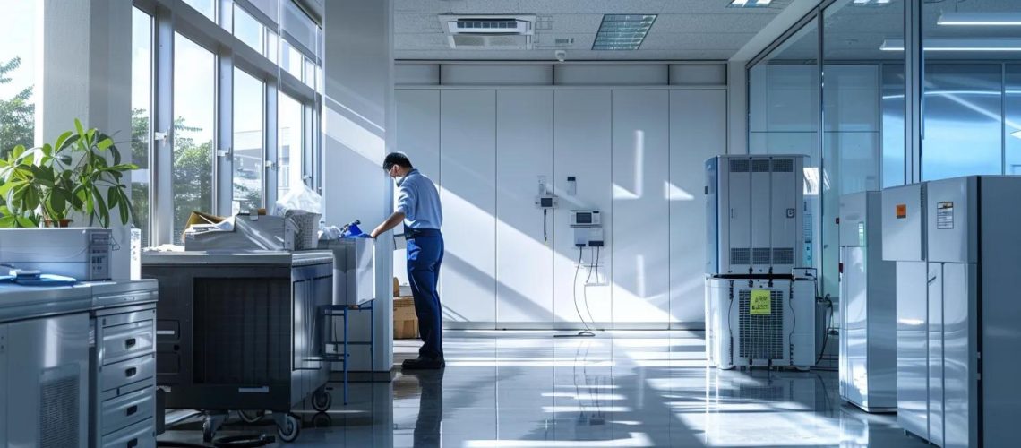 a bright, modern office space showcases a professional technician deftly cleaning a sleek, high-efficiency air conditioning unit, surrounded by tools and equipment that emphasize meticulousness and expertise in hvac maintenance.