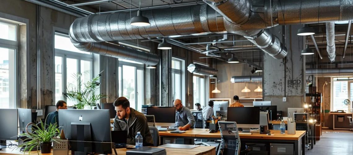 a bustling urban office environment features technicians expertly working on modern hvac duct systems, surrounded by sleek equipment and tools that highlight the professionalism and efficiency of reliable duct services.