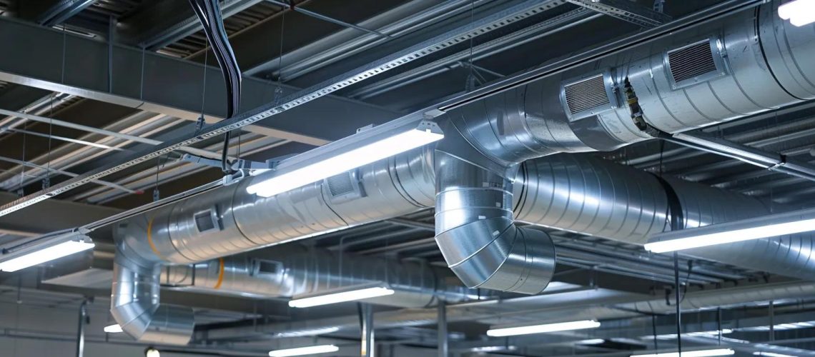a clean, modern hvac workshop scene featuring a technician inspecting meticulously arranged ductwork systems, highlighted by sharp overhead fluorescent lighting that emphasizes the polished surfaces and intricate details of the installation process.