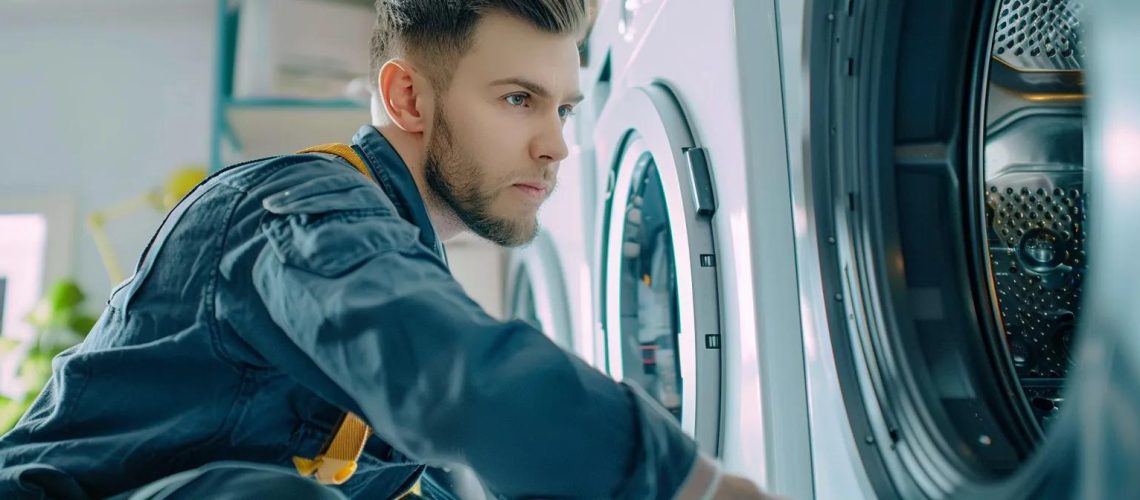a professional technician meticulously inspects a residential dryer vent system in a bright, modern laundry room, showcasing the importance of cleanliness and safety in home maintenance.