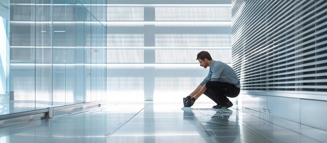 a professional technician in a pristine modern office space carefully cleans a heating vent, showcasing advanced tools and equipment in action under bright, focused lighting that highlights the meticulous attention to detail.