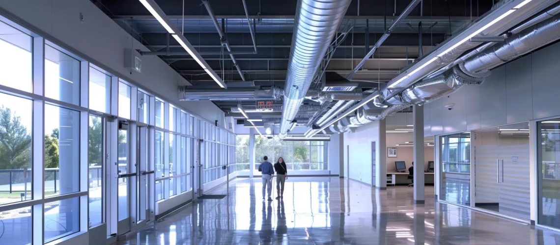 a sleek, modern office space showcases a professional technician inspecting newly installed ductwork, with energy-efficient systems prominently displayed to emphasize the theme of reducing energy bills.