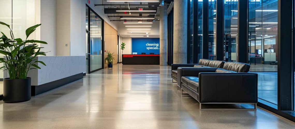 a sleek, modern office space with a prominently displayed promotional banner announcing "duct cleaning specials," featuring a clean and polished aesthetic that emphasizes air quality and efficiency.