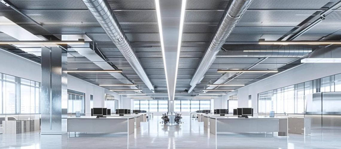 a sleek, modern office space showcases an innovative air duct system, featuring polished metal vents seamlessly integrated into the ceiling, illuminated by efficient led lighting that emphasizes the clean lines and industrial design.