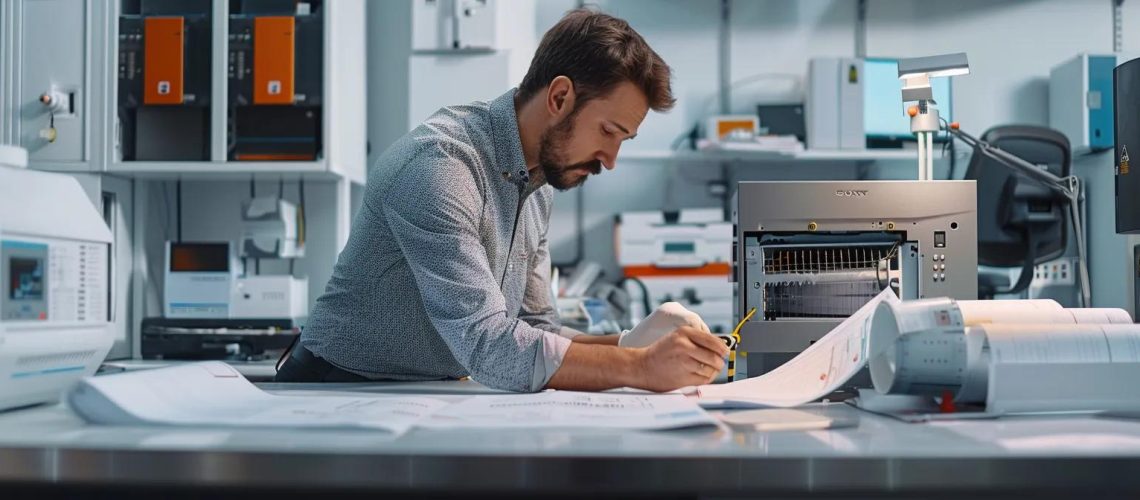 a technician in a sleek, modern office, meticulously inspecting a high-efficiency furnace with advanced diagnostic tools, surrounded by high-tech equipment and blueprints on a polished work surface.
